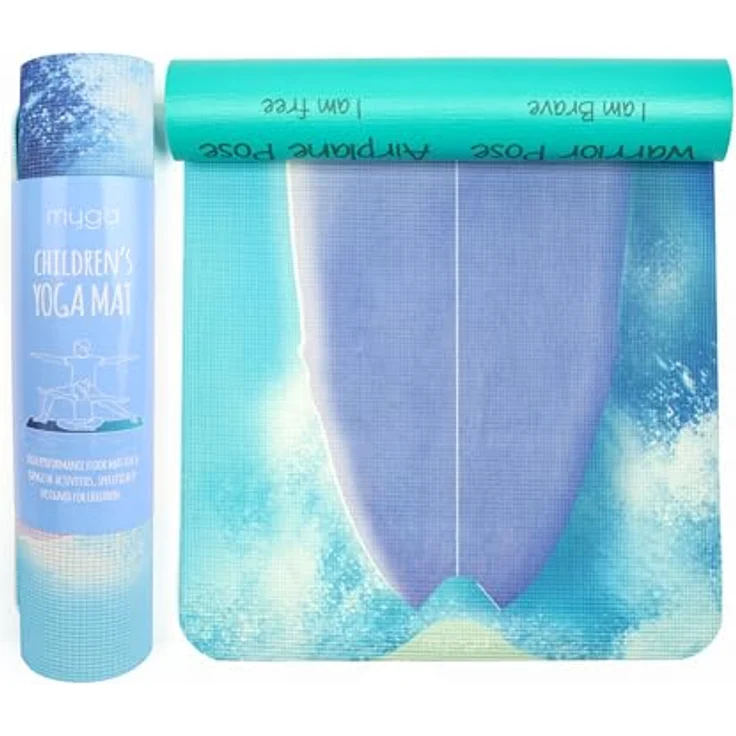 Myga Kinder Yogamatte Surfer, rutschfest & leicht, 6 mm dick, 150 cm x 55 cm, inkl. Yoga-Posen auf Rückseite, ideal für Yoga & Spielen – Bild 1