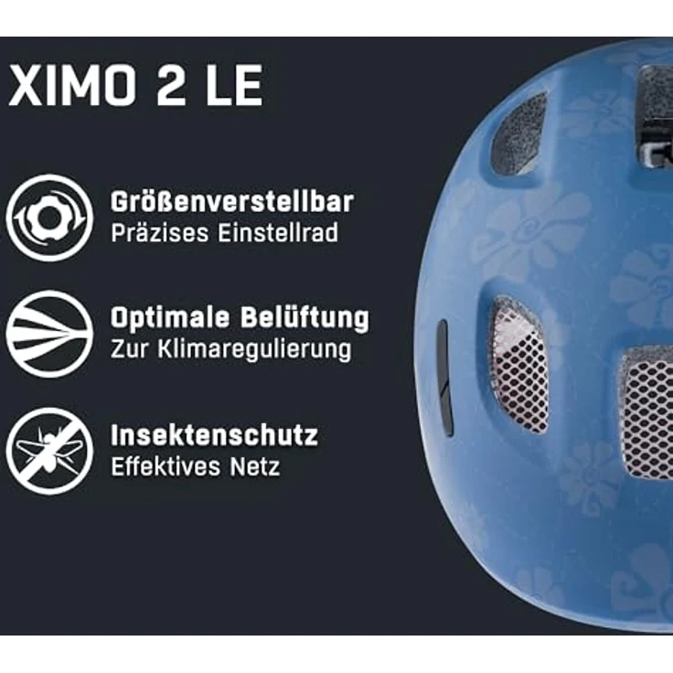 ALPINA Ximo 2 L.E. Kinderfahrradhelm, leicht und bruchfest mit optionalem LED-Licht, Soft Blue Flowers matt, 49-54 – Bild 2