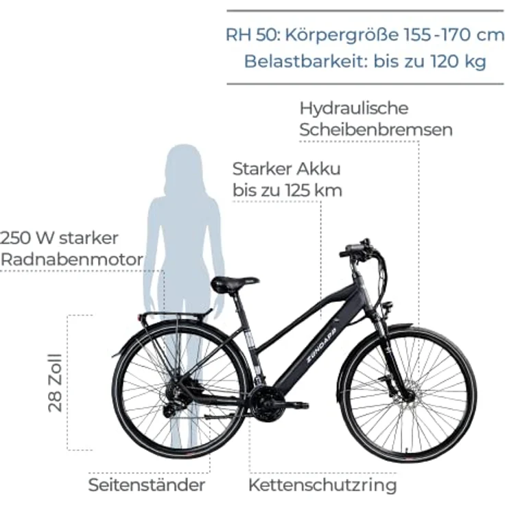 ZÜNDAPP Z810 Damen E-Bike Trekkingrad Pedelec E-Trekkingrad Fahrrad Trekking Bike StVZO (schwarz, 50 cm) - Leistungsstarker Heckmotor, 24 Gang Schaltung, hydraulische Scheibenbremsen – Bild 2