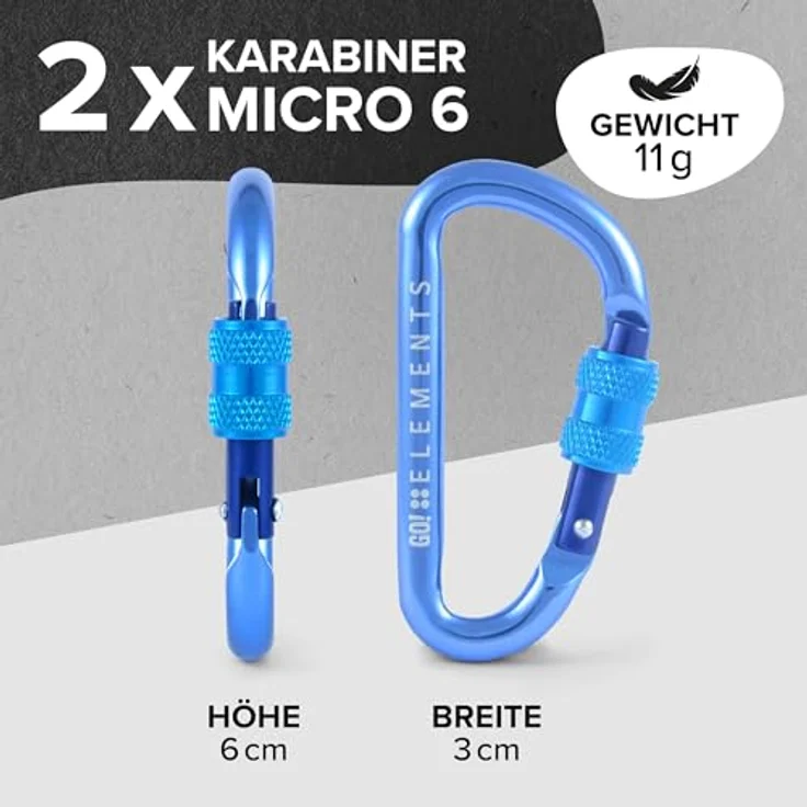 GO!elements Mini Karabiner Micro 6, 2er Pack mit Schraubverschluss, ultraleicht und salzwasserbeständig, Farbe: Wave – Bild 2