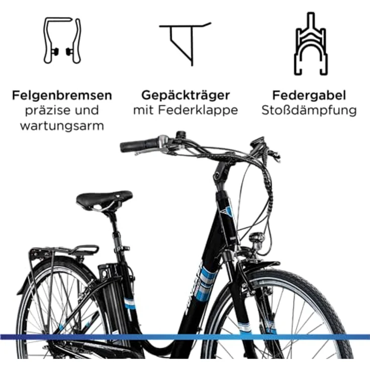 ZÜNDAPP E Bike City 28 Zoll | Elektrofahrrad mit 7 Gang Vorderrad Motor | Retro Hollandrad Green 3.7 (schwarz/blau, 48 cm) – Bild 4