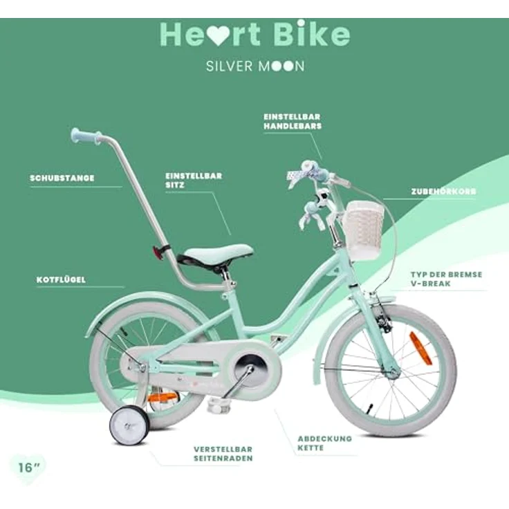 Sun Baby Mädchenfahrrad 16 Zoll Heart Bike mit Abnehmbarer Schubstange, Kinderfahrrad für Mädchen von 2 bis 6 Jahre (Silver Moon Mint) – Bild 5