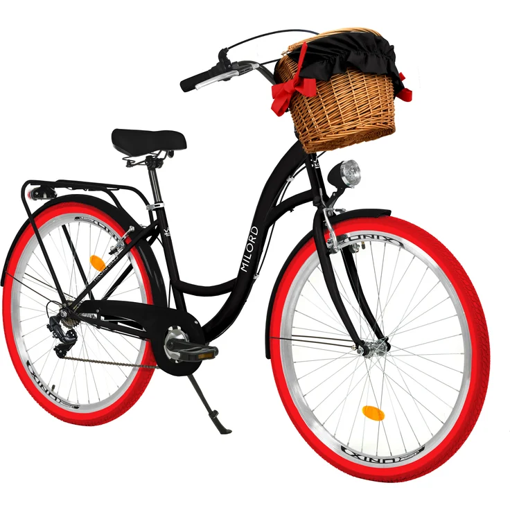Milord Komfort Fahrrad Mit Weidenkorb Damenfahrrad, 28 Zoll, Schwarz-Rot, 7-Gang Shimano