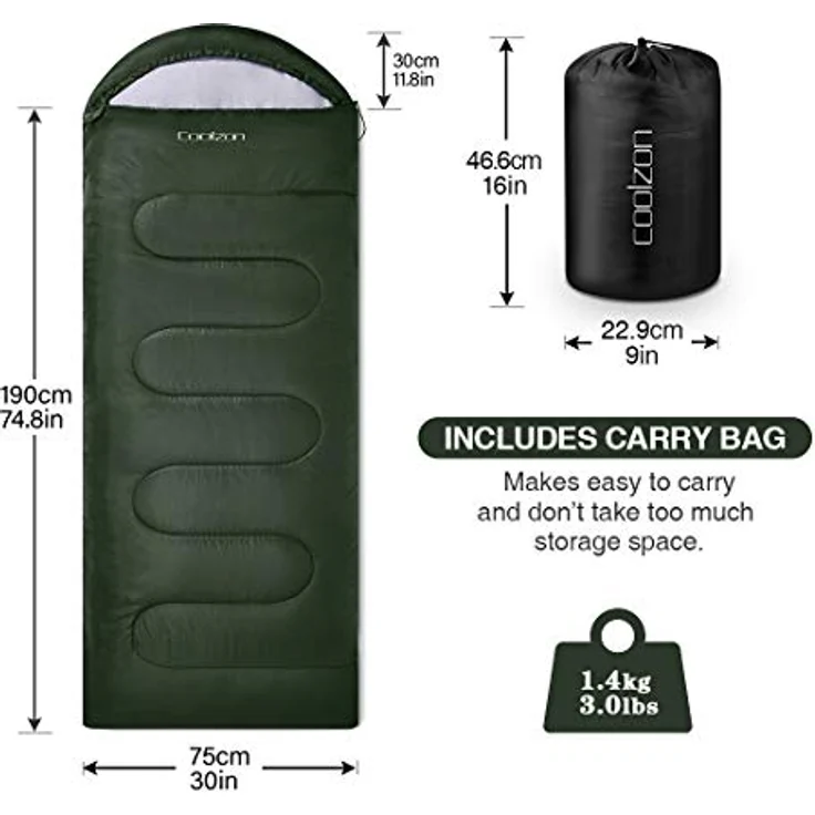 Coolzon Outdoor Schlafsack, 3-4 Jahreszeiten für Erwachsene, ultraleicht und komprimierbar, wasserabweisend, atmungsaktiv, grün – Bild 2