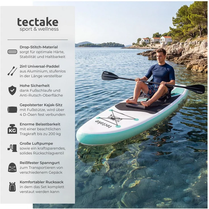 tectake SUP-Board Zenon, Aufblasbares Paddle Board mit Kajak-Sitz, bis 200 kg, rutschfest, in Weiß/türkis, inkl. verstellbarem Doppelpaddel und Zubehör