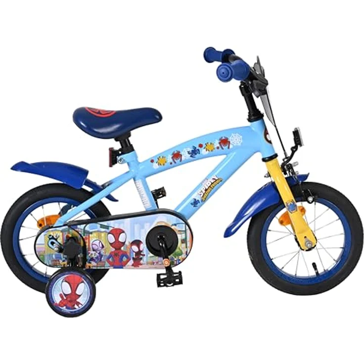 Volare Spidey Kinderfahrrad, 12 Zoll, Blau, abnehmbare Seitenräder, höhenverstellbarer Sattel und Lenker, Rücktritt- und Handbremse, geschlossener Kettenkasten – Bild 2