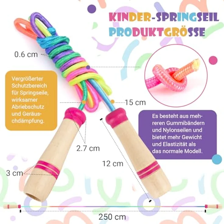 Paleclouds Springseil Kinder, Verstellbares 250CM Jump Rope mit Holzgriff und Regenbogen-Design, ideal für Fitness und Spiel, rosa – Bild 3