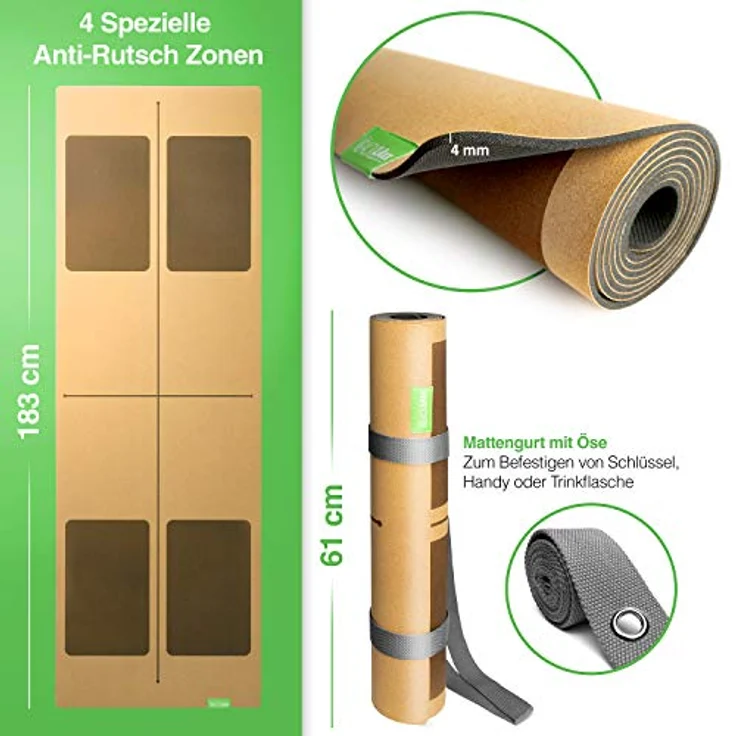 BACKLAxx® Yogamatte Kork mit Naturkautschuk - Yoga Matte nachhaltig, schadstofffrei, Yogamatte rutschfest, Fitnessmatte mit Anti-Rutsch-Zonen inkl. Tragegurt, Turnmatte für Yoga und Matte Sport – Bild 3