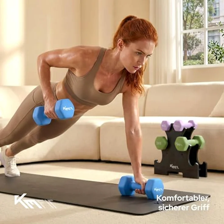 KM Fit Hantelset 12 kg mit Ständer, ergonomische Neopren-Kurzhanteln 1-3 kg aus Gusseisen, rollsicheres Design für Home Gym – Bild 3