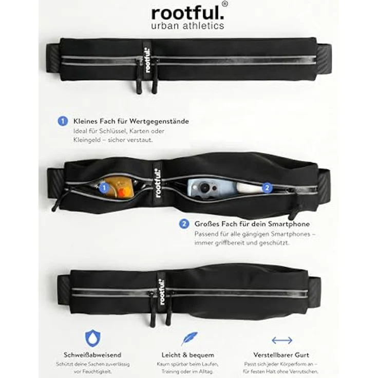 rootful.® Laufgürtel [Performance] für Handy - Sportgürtel in Schwarz, passend für alle Smartphones, wasserfest und individuell einstellbar, Deutsche Markenqualität – Bild 3