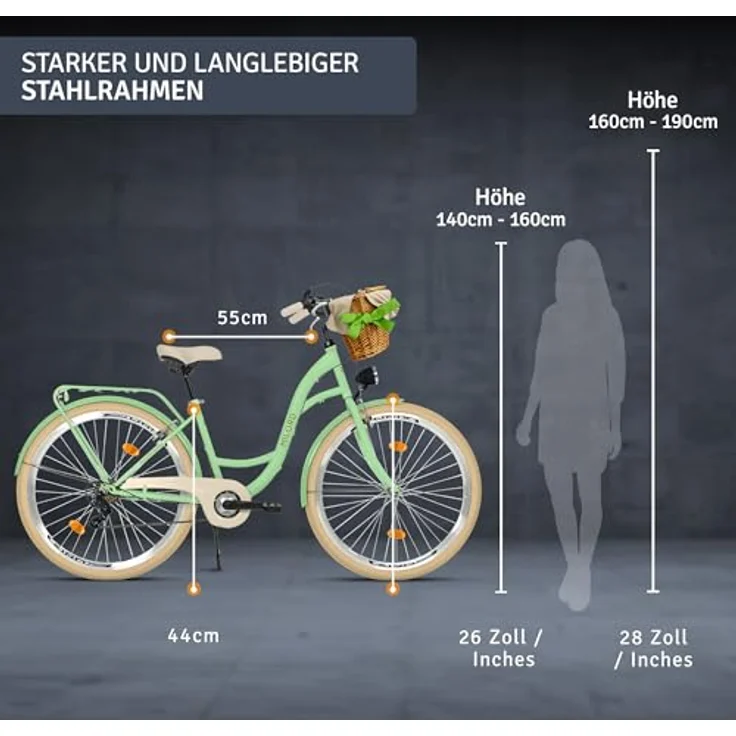 Milordbikes City-Fahrrad, Grün-Creme, 46 cm mit Aluminiumfelgen und hinterem Träger, Freizeit & Sport – Bild 3