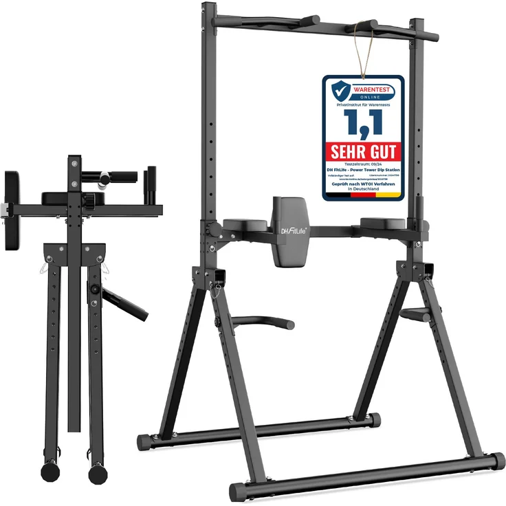 DH FitLife Faltbarer Power Tower Dip Station bis 210kg, robuste Kraftstation mit Klimmzugstange, Dip-Barren & integriertem Rückentrainer für Home Gym