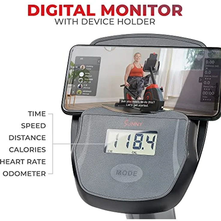 Sunny Health & Fitness SF-RB4616 Heimtrainer mit Lehne mit Magnetwiderstand, 136 kg max. Gewicht, verszellbarer Sitz, Monitor, Pulsfrequenz, Ergometer, Handpulssensoren, geräuschloser Riemenantrieb – Bild 4