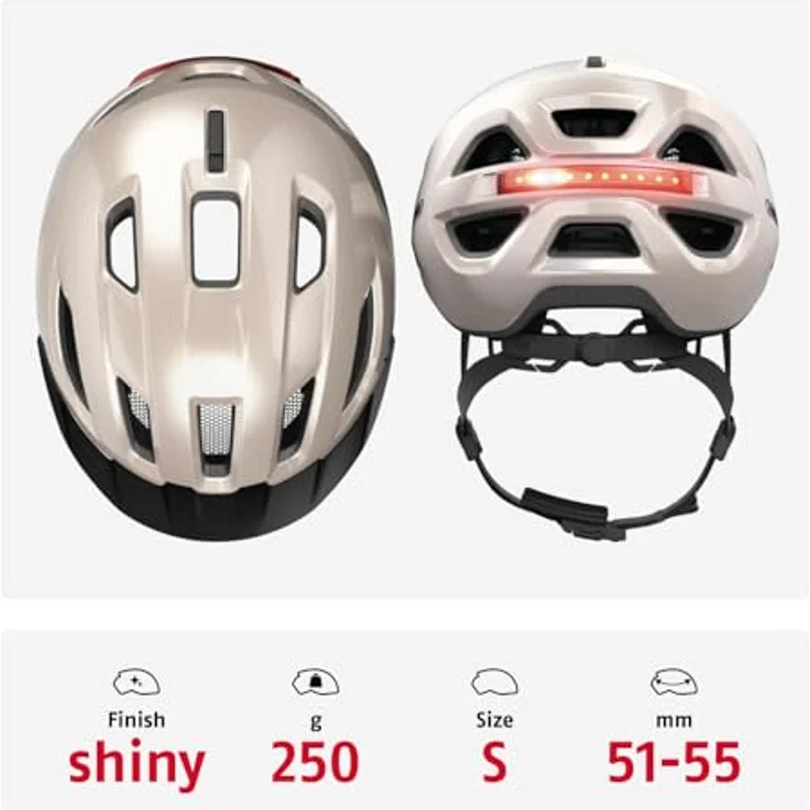 ABUS Stadthelm Urban-I 4.0, Fahrradhelm mit aufladbarem Rücklicht, 2 Leuchtmodi, Schirm, Zopf-Öffnung und magnetischem Verschluss, Größe S, beige – Bild 3