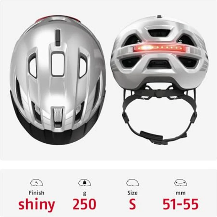 ABUS Urban-I 4.0, Fahrradhelm mit aufladbarem Rücklicht, 2 Leuchtmodi, Schirm, Zopf-Öffnung, magnetischem Verschluss, Größe S, silber – Bild 3