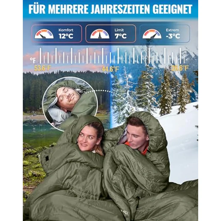 KingCamp Camping Sommerschlafsack für Kinder & Erwachsene, leicht und kompakt, komfortabler Schlafbereich bis -3°C, wasserabweisendes Polyester, 220x75 cm, Packmaß 36x18 cm, 1,4 kg – Bild 4
