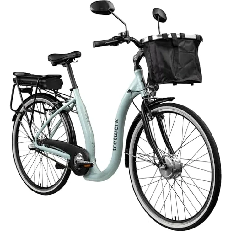 Tretwerk Linea E Bike, 28 Zoll Damen Pedelec mit 3 Gang Nabenschaltung, Elektro Fahrrad Citybike retro Tiefeinsteiger, hellblau, bis 95 km Reichweite