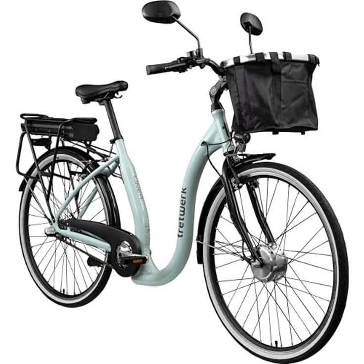 Tretwerk Linea E Bike, 28 Zoll Damen Pedelec mit 3 Gang Nabenschaltung, Elektro Fahrrad Citybike retro Tiefeinsteiger, hellblau, bis 95 km Reichweite – Bild 1
