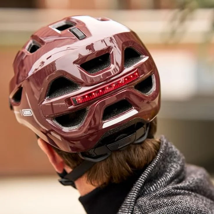 ABUS Stadthelm Urban-I 4.0, Fahrradhelm mit aufladbarem Rücklicht, 2 Leuchtmodi, Schirm, Zopf-Öffnung, magnetischem Verschluss, Größe S, rot – Bild 9