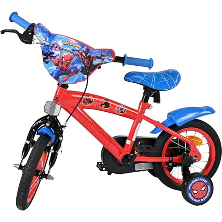 Volare Spider-Man Kinderfahrrad, 12 Zoll mit Handbremse, Rücktrittbremse, abnehmbaren Stützrädern, Blau/Rot – Bild 15