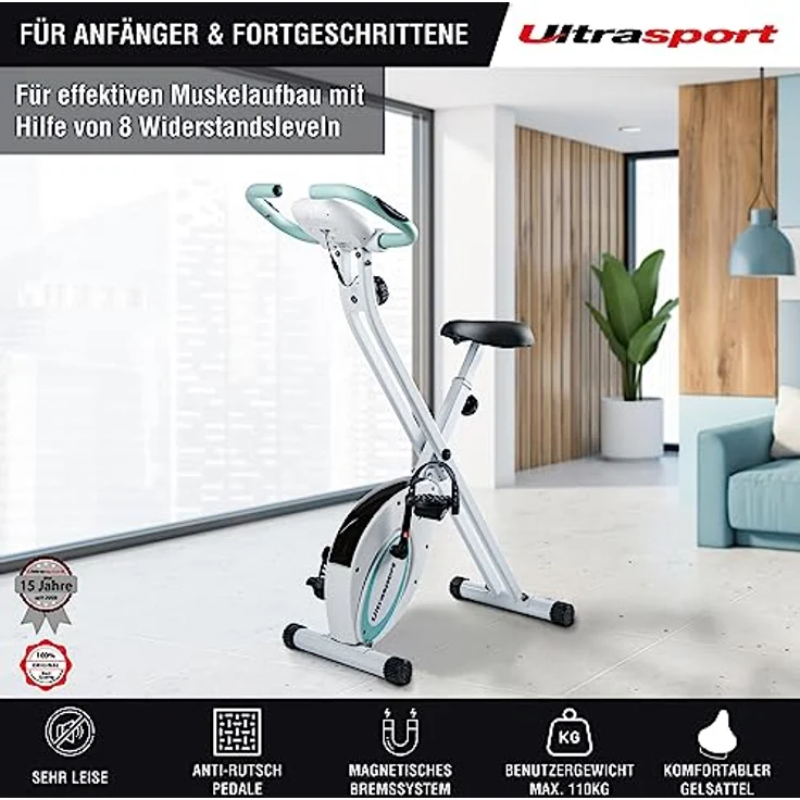 Ultrasport F-Bike, F-Rider Basics, Fahrradtrainer, Fitnessfahrrad LCD Trainingscomputer, Klappbarer Hometrainer, Max. Benutzergwicht 110 kg, Pulsmessung, 8 Widerstandsstufen, Trimmrad, Mint – Bild 4