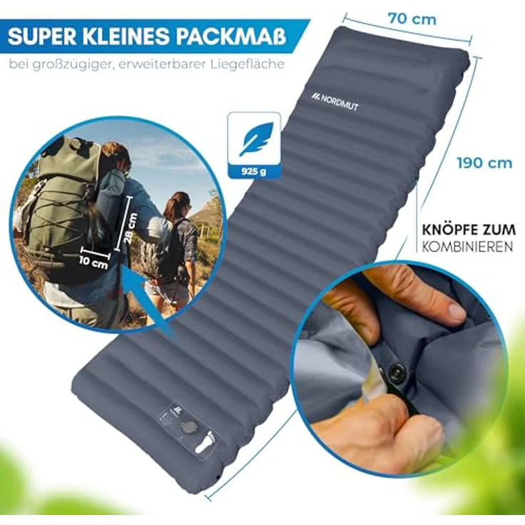 NORDMUT® Isomatte Ultraleicht mit Reparaturset, Aufblasbare Luftmatratze für Camping, kleines Packmaß, wetterfest, dunkelgrau – Bild 5