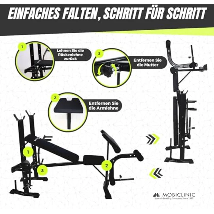 Mobiclinic® Fitness, Multifunktionale Trainingsbank, Pressfit, Verstellbar, klappbar, Stahl, Belastbar bis 250 kg, Unterstützung für Stangen, ideal für Kraftübungen zu Hause – Bild 3