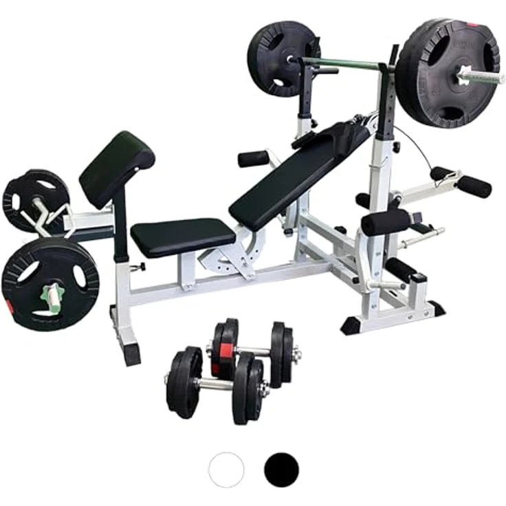 GORILLA SPORTS® Hantelbank - inkl. 100kg Hantelset, Ablage, Dip-Station, Curlpult, Beincurler, Butterfly, Latzug, Verstellbar, Schwarz/Weiß - Multifunktion Trainingsbank mit Gewichten, Kraftstation – Bild 3