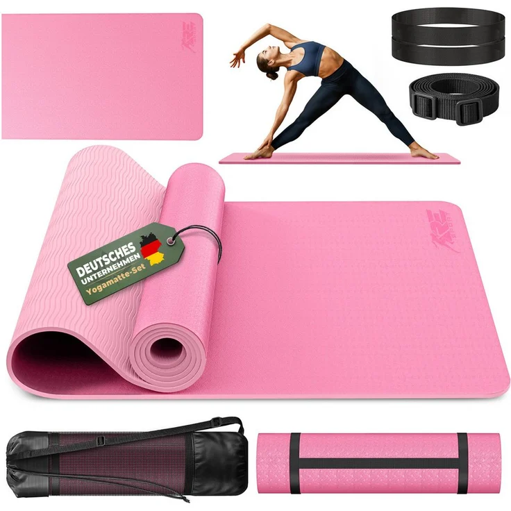 RE:SPORT Gymnastikmatte 183 x 61 x 0,6 cm, rutschfeste TPE Fitnessmatte mit Tragetasche, rosa