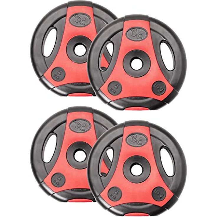 Bad Company K-Grip Hantelscheiben mit Griffen I Kunststoff ummantelte Gewichte 30/31 mm I 4 x 5 kg (schwarz/rot)