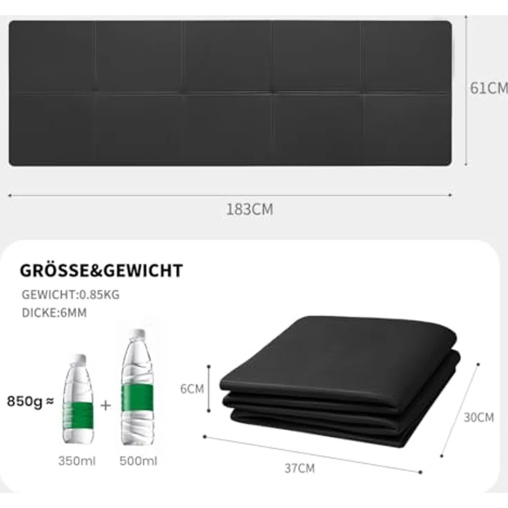 Good Nite Klappbare Yogamatte, rutschfest und tragbar aus TPE-Material, 183 x 61 x 0.6 cm, schwarz – Bild 2