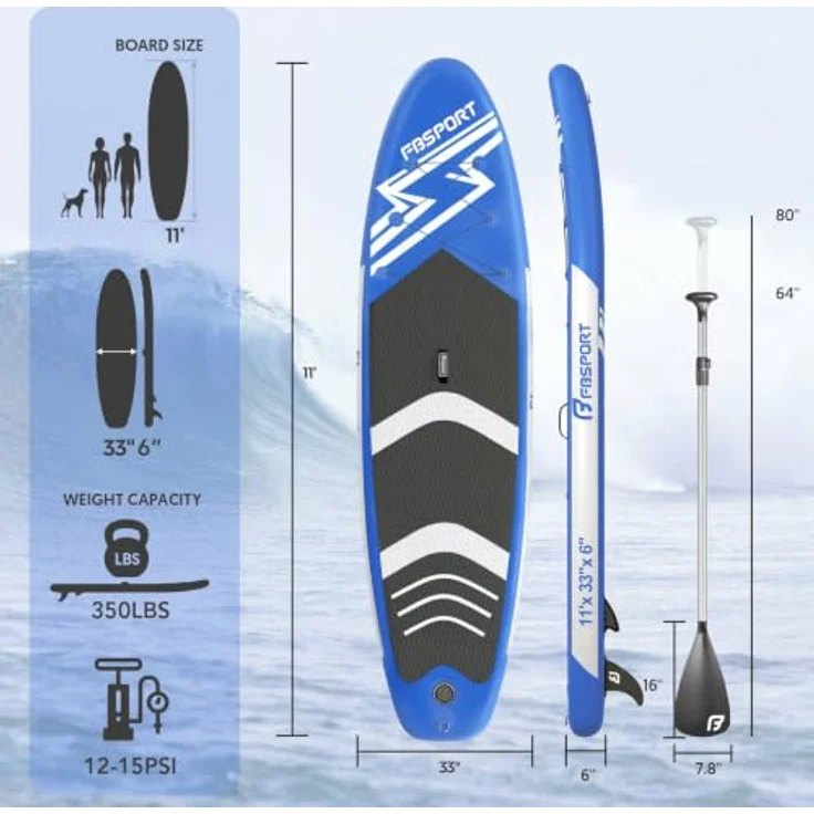 FBSPORT Aufblasbares SUP Board, Stand Up Paddling Board, 15CM Dick mit verstellbarem Aluminium-Paddel und Pumpe, Blau – Bild 2
