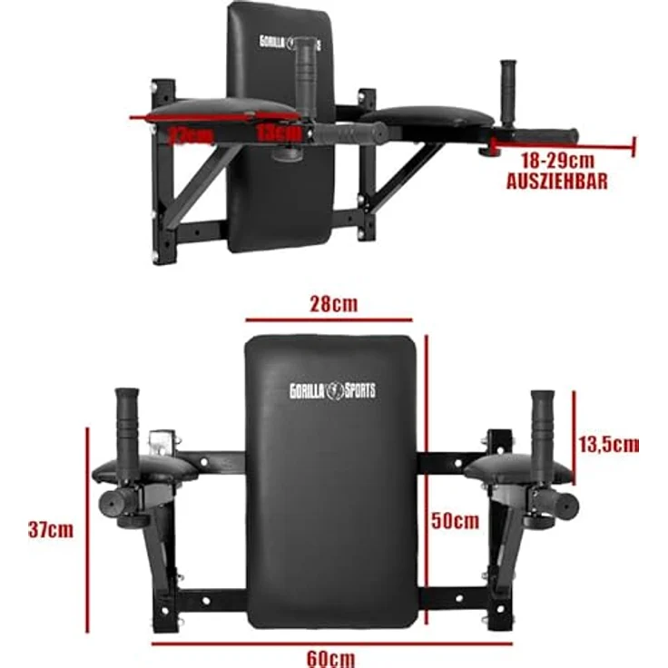 GORILLA SPORTS Trainingsstation Dip Station, Wandmontage - Effektives Oberkörpertraining, Bauchmuskeltrainer, Polsterung, Dips Barren, schwarz – Bild 3
