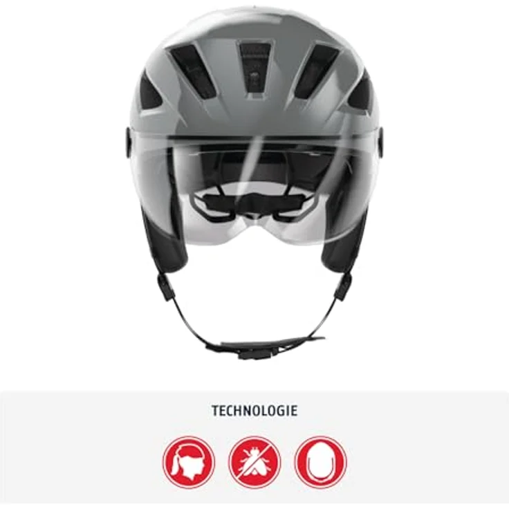 ABUS Pedelec 2.0 ACE, Fahrradhelm mit Rücklicht, Visier, Regenhaube, Ohrenschutz, grau, Größe M – Bild 2