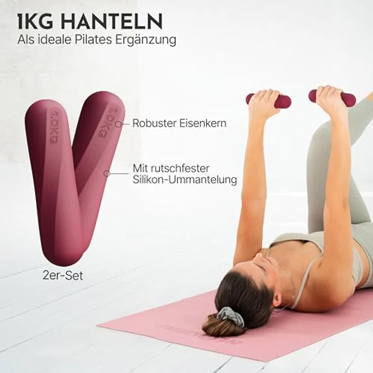NEOLYMP Pilates Hanteln 1 kg, rutschfestes Silikon Hantelset, ergonomische Kurzhanteln im 2er Set für Pilates, Yoga & Home Workout, kleine Hanteln für Frauen (Berry) – Bild 2