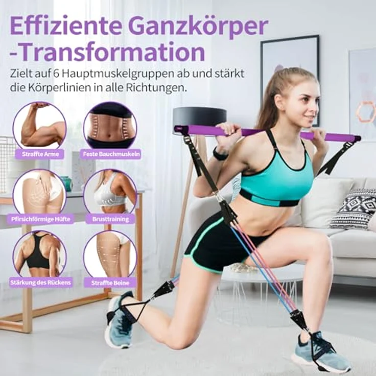 Fokky Pilates Bar Set mit 6 Resistance Bands (20/30/40lbs), verstellbare Edelstahlstange und Türanker für ganzheitliches Training zuhause – Bild 4