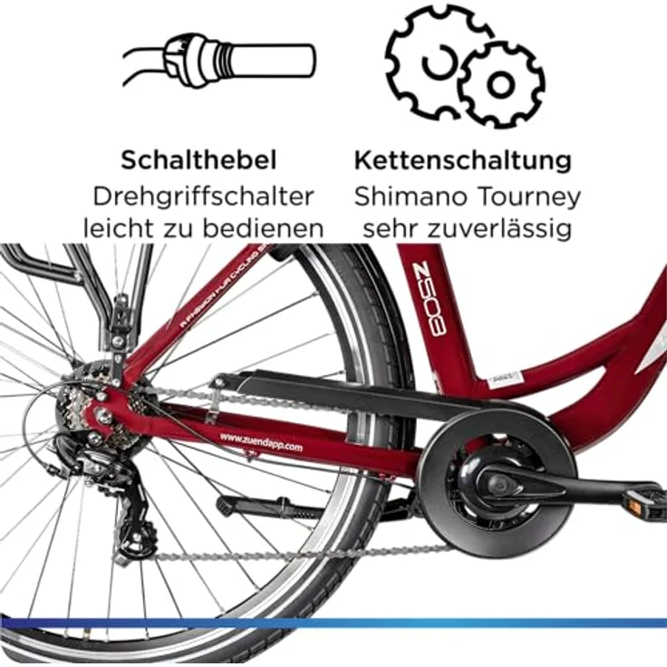 Zündapp E-Bike Z503 City, 28 Zoll, 7-Gang, Vorderradmotor 250 W, 522 Wh, weinrot – Bild 8