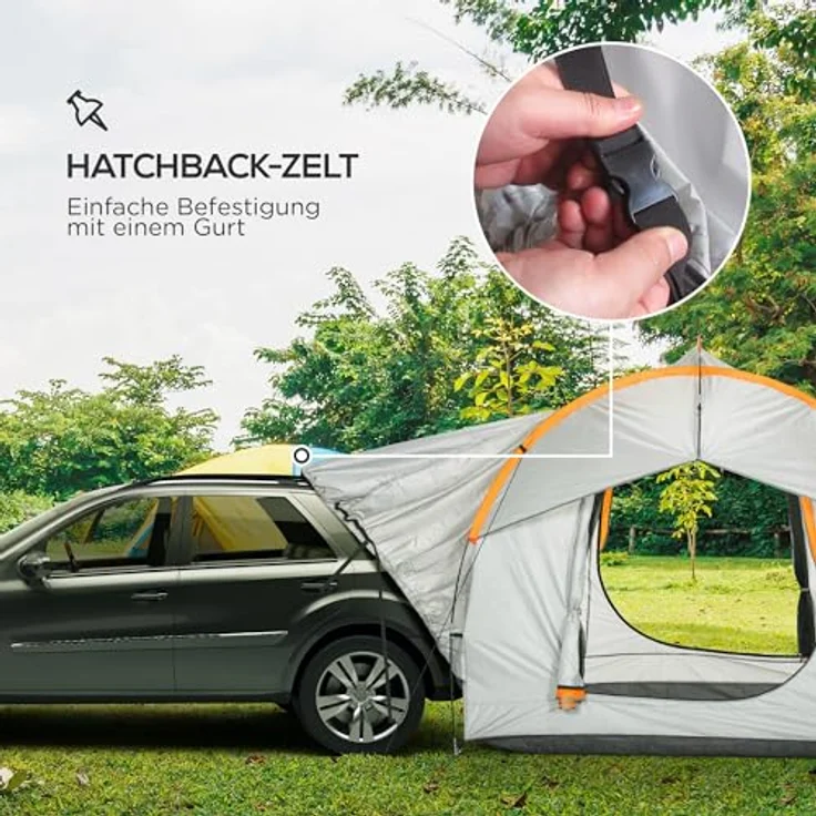 Outsunny Heckzelt Auto Autozelt für 6 Personen, Kuppelzelt mit 3 Tür, Fenster, Heckklappenzelt für Wohnwagen, SUV, Polyester, Hellgrau – Bild 3