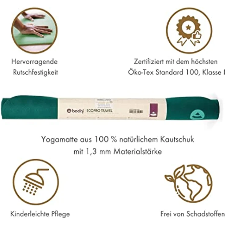 Bodhi Yogamatte ECO PRO Travel | 100% Naturkautschuk | Superleicht & Faltbar | Extrem Rutschfest | Ökologisch | Profi-Matte für Yoga & Pilates | Ideal zum Reisen | 185 x 60 x 0,13 cm | jungle-green – Bild 3