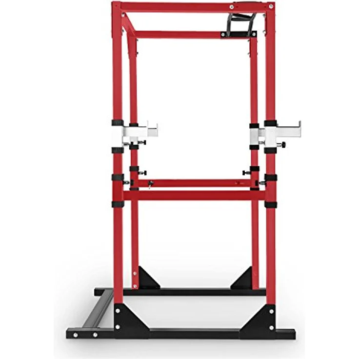 CAPITAL SPORTS Tremendour Power Rack Käfig - Squat Rack Kraftstation, 2 x Safety Spotter: 20-stufig, 4 x J-Hooks, Multigripp-Klimmzugstange, aufsteckbare Dipstangen, Half Rack, rot – Bild 3