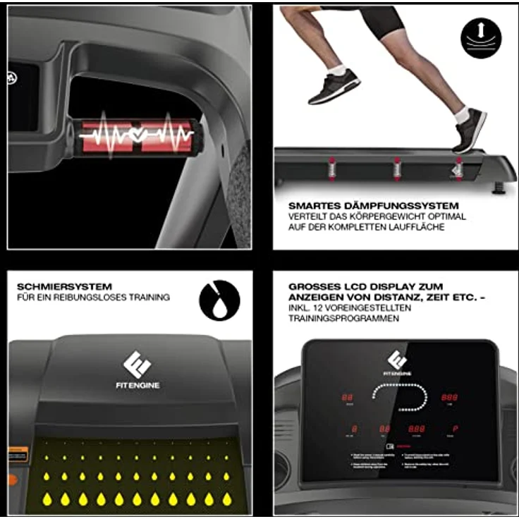 FitEngine Laufband RACE18 | Profi Laufband extra leise 8 Zonen Dämpfung | bis 150 kg Traglast | 15% automatische Steigung, Klappbar | 7 PS bis zu 18 km/h | großes Display, Lautsprecher & Bluetooth - Preisvergleich – Bild 4