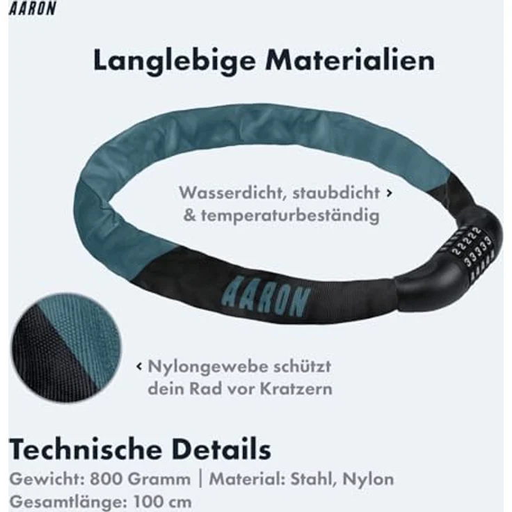AARON Lock One Fahrradschloss, Kettenschloss mit 5-stelligem Zahlencode, 100 cm, grau-blau – Bild 3