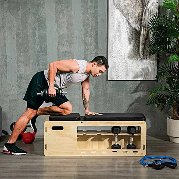 HOMCOM Hantelbank, Trainingsbank mit Aufbewahrungsbox und Widerstandsbändern, Verstellbare Fitnessbank für Gewichtheben, Krafttraining, Massivholz – Bild 2
