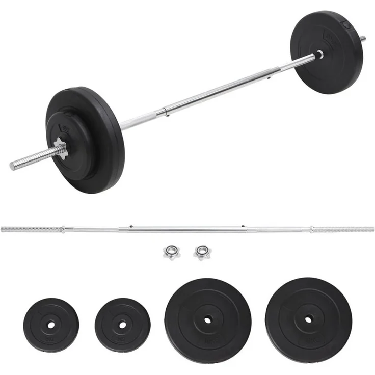 vidaXL Hantel-Set Langhantel mit Gewichten, 30 kg, verchromter Stahl, schwarz, inkl. 2 x 10 kg und 2 x 2 kg Hantelscheiben, mit sternförmigen Verschlüssen