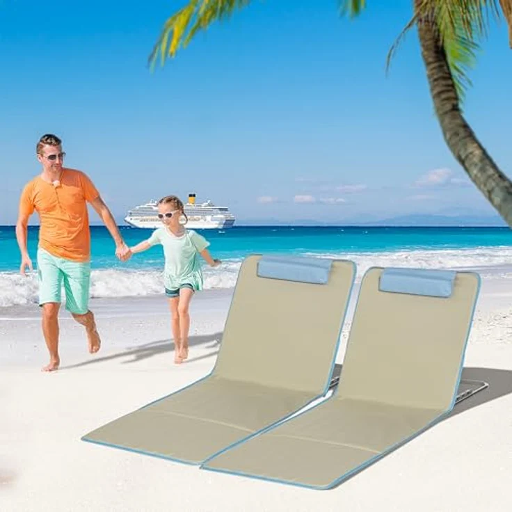 Outsunny Strandmatte 2er Set, Faltbare Strandliege mit Kopfkissen, 5-stufig höhenverstellbar, tragbar, Beige, 134 x 48 x 33-43 cm – Bild 2
