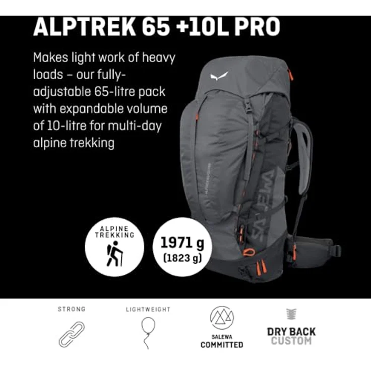 Salewa Alptrek 65+10 L Profi-Rucksack, Grau - Erweiterbares Volumen, Custom-Tragesystem, Regenhülle – Bild 2