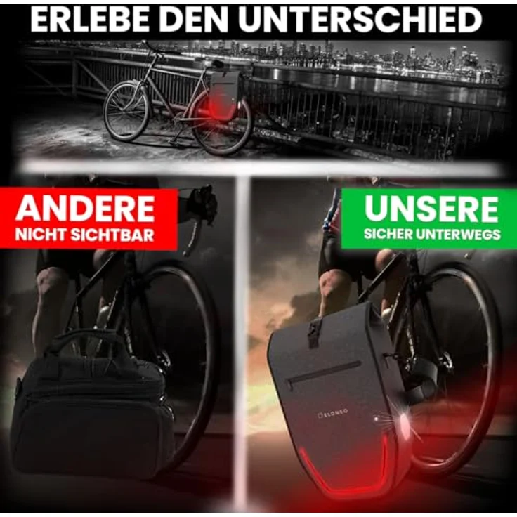 Eloneo Velotasche Gepäckträgertasche, 28 l, wasserdicht mit LED-Streifen und Reflektoren – Bild 5