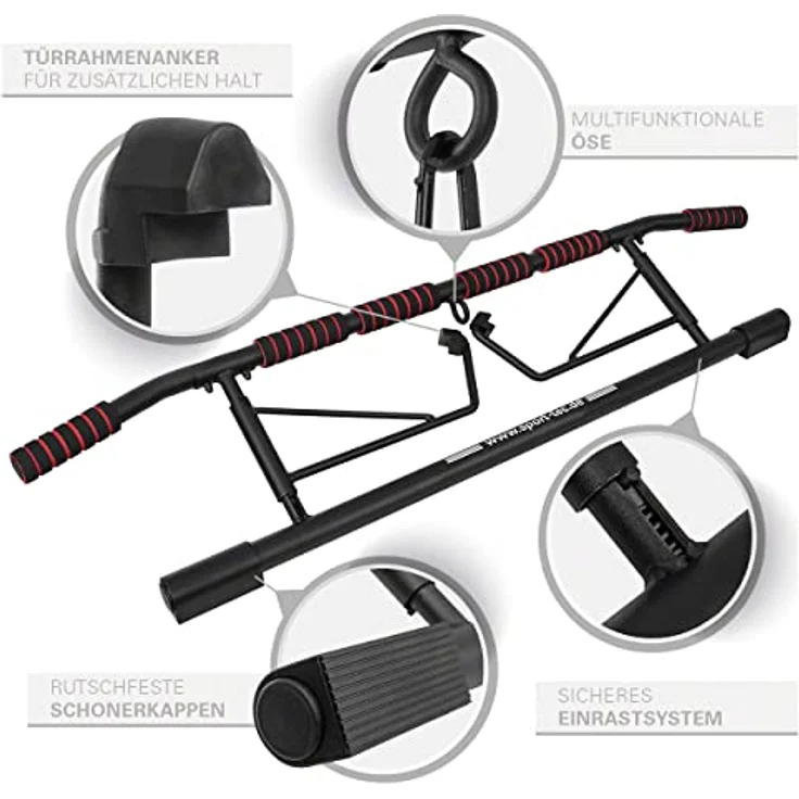 Sport-Tec Türreck Klimmzugstange klappbar, 117x28 cm, inkl. 2 Power Ropes und 2 Karabinerhaken, 6 gepolsterte Griffe – Bild 3