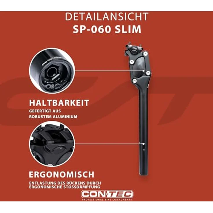 CONTEC Fahrrad-Federsattelstütze SP-060 Slim, Parallelogramm, Aluminium, Federung für MTB & Citybike, Rücken-Entlastung, Schwarz, 350 mm – Bild 3