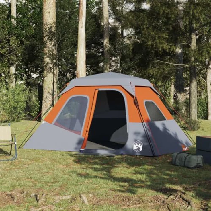 vidaXL Familienzelt, Campingzelt 6 Personen, Quick Release Wasserdicht, mit Insektenschutz, Grau Orange – Bild 2
